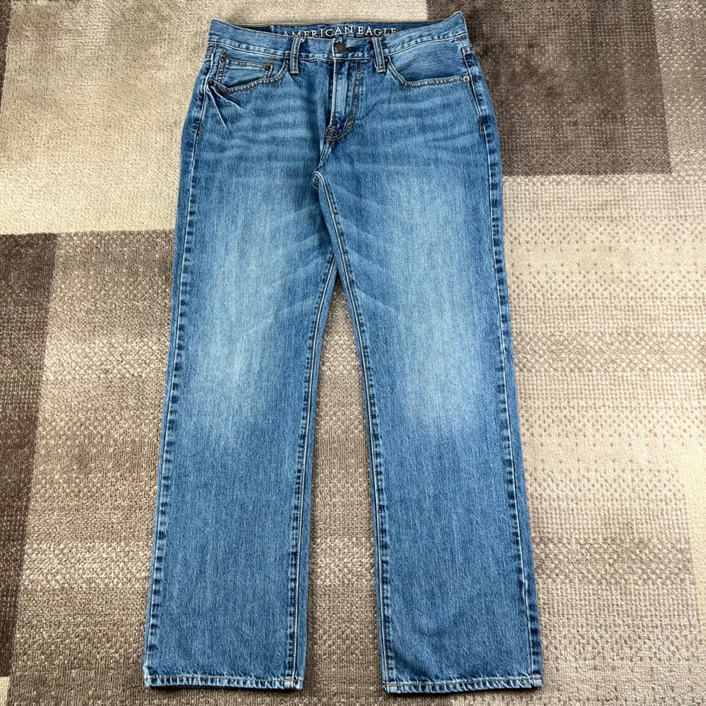 American Eagle Original Straight Mens Blue Jeans 32x32 Whiskered